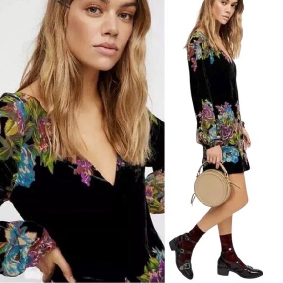 Free People Misha Burnout Velvet Dress Sz.XS Black Floral Boho Whimsigoth - Picture 13 of 13